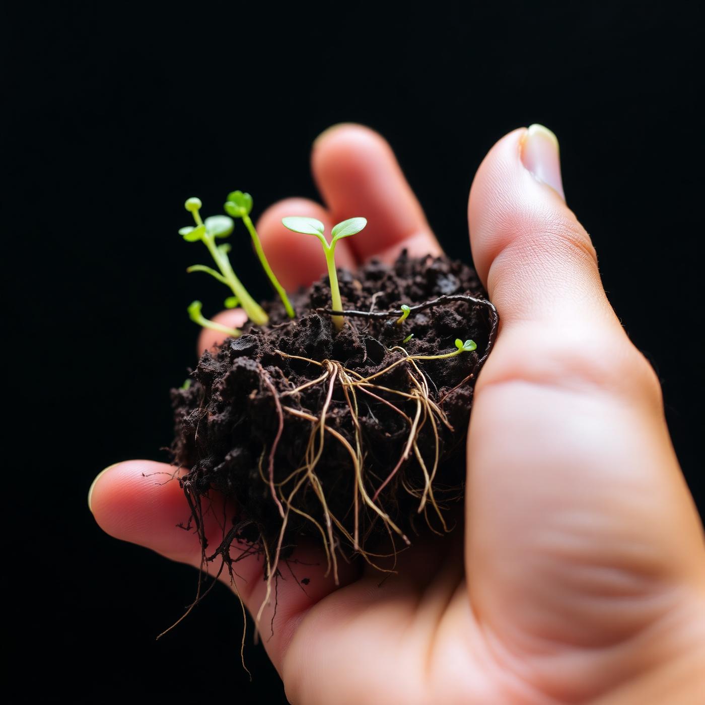 Hand holding rich, regenerated organic soil with new sprouts